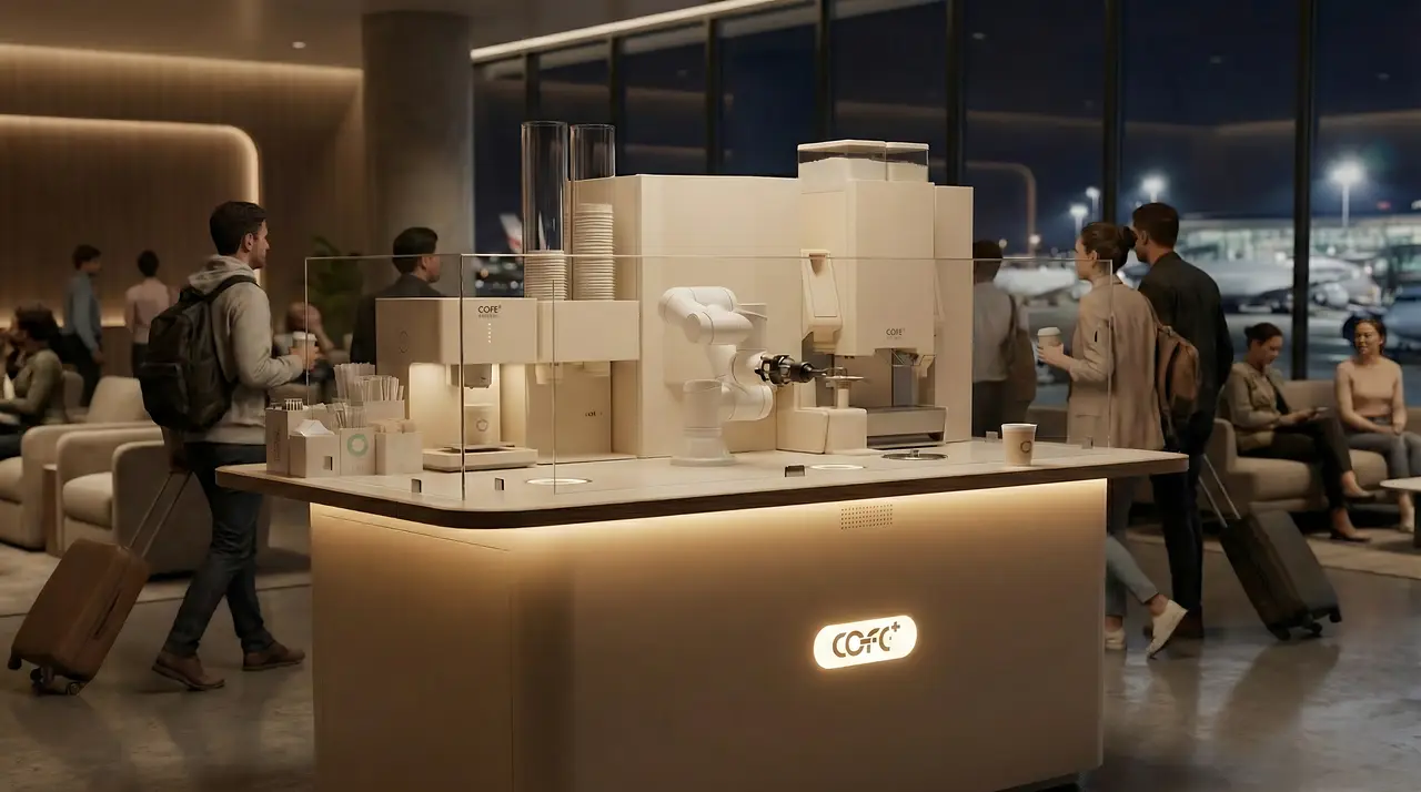 Autonomous coffee kiosk in airport concourse